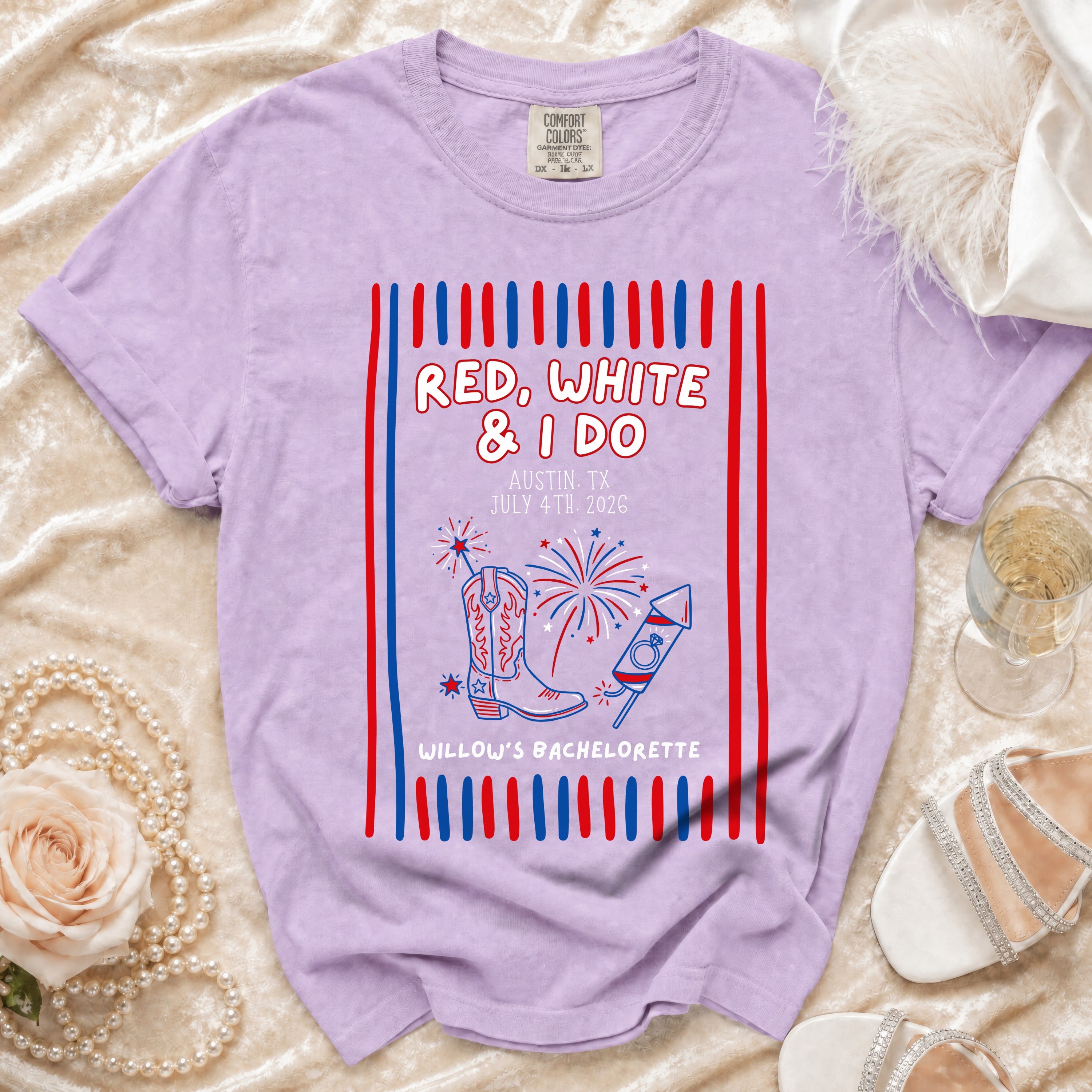 Comfort Colors t-shirt with "Red, White & I Do" text and patriotic graphics.