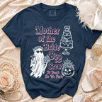Navy t-shirt with "Mother of the Bride Boo Crew Til Death Do We Party" text and graphics.