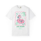 White t-shirt with a pink flamingo float, "Last Splash" text, and party details.