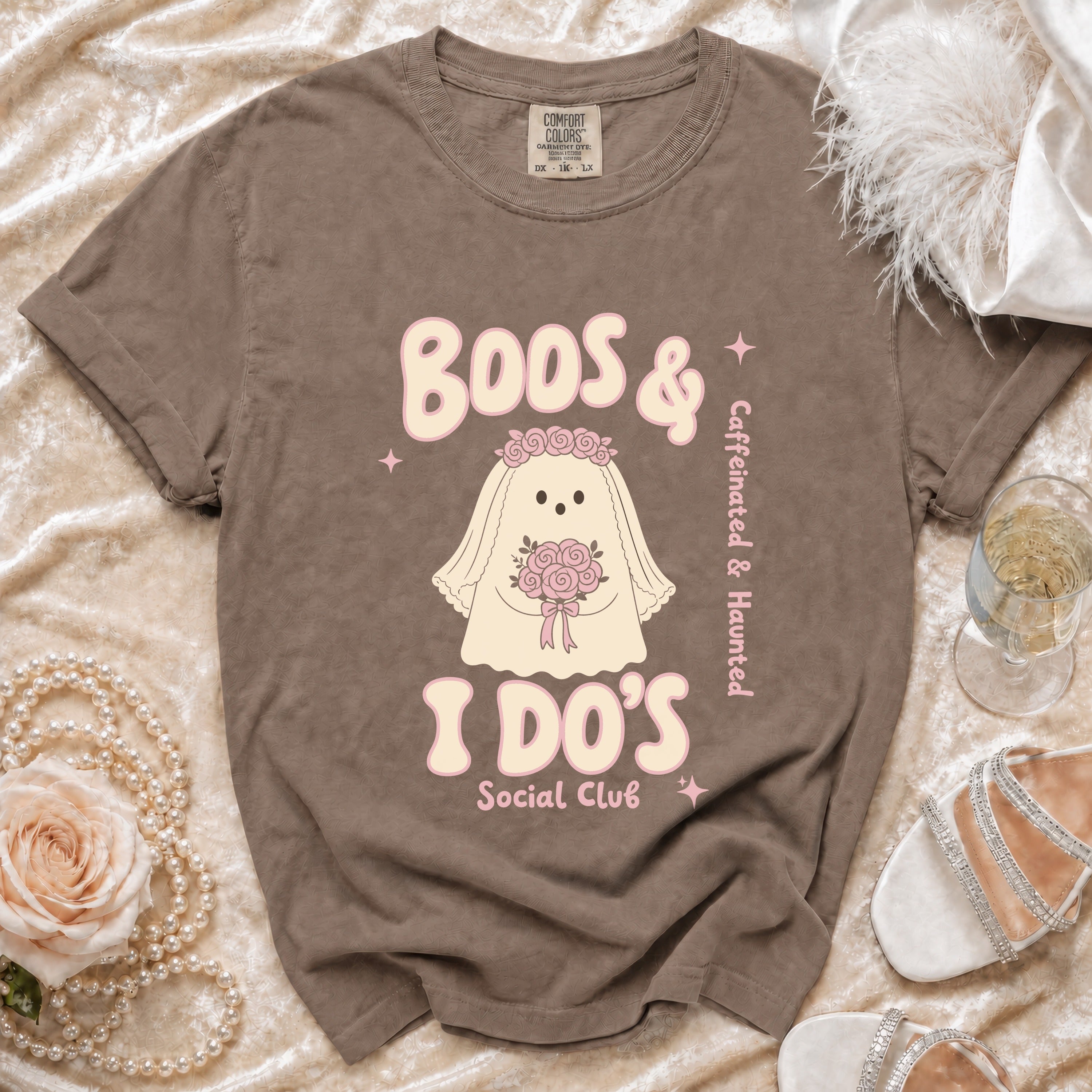 Brown t-shirt with "Boos & I DO's Social Club" text and ghost graphic.