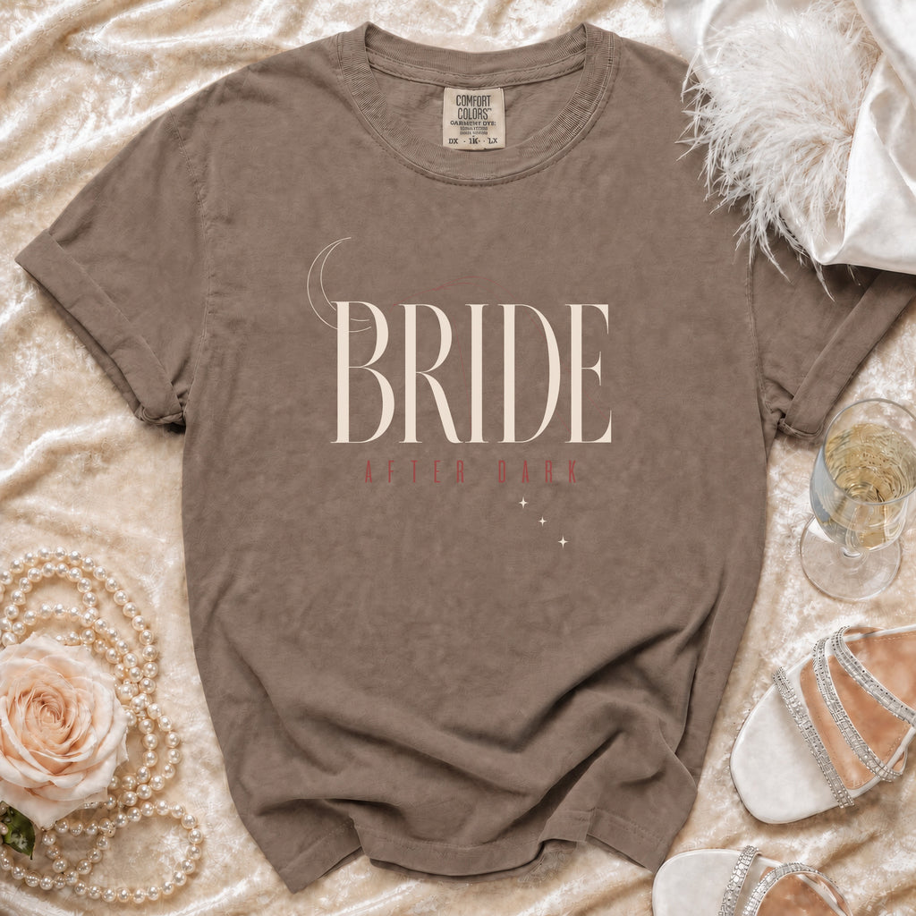 Brown t-shirt with "BRIDE AFTER DARK" text, moon, and stars design.