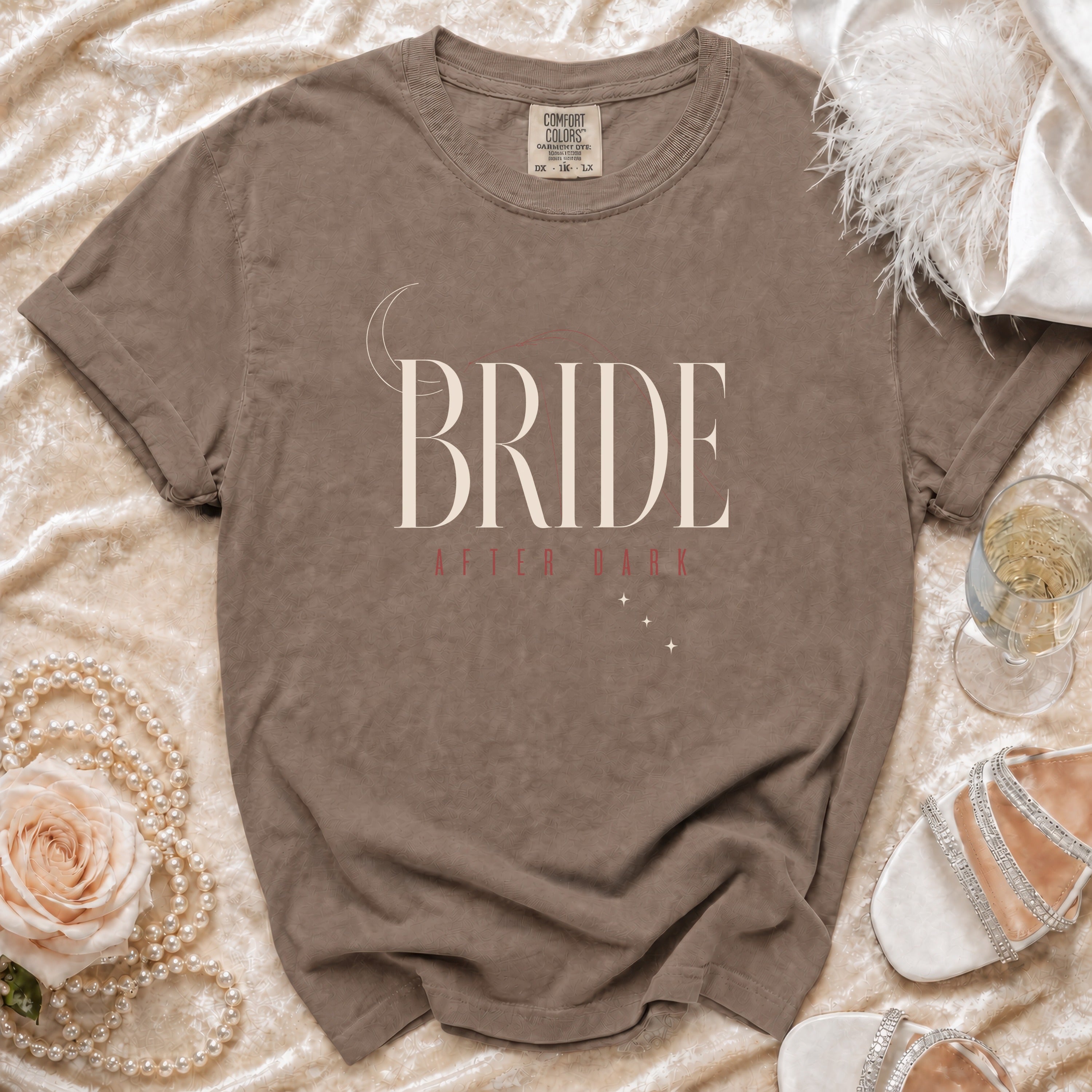 Brown t-shirt with "BRIDE AFTER DARK" text, moon, and stars design.