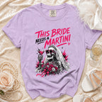 Lavender t-shirt with "This Bride Needs a Martini" graphic and skeleton bride.