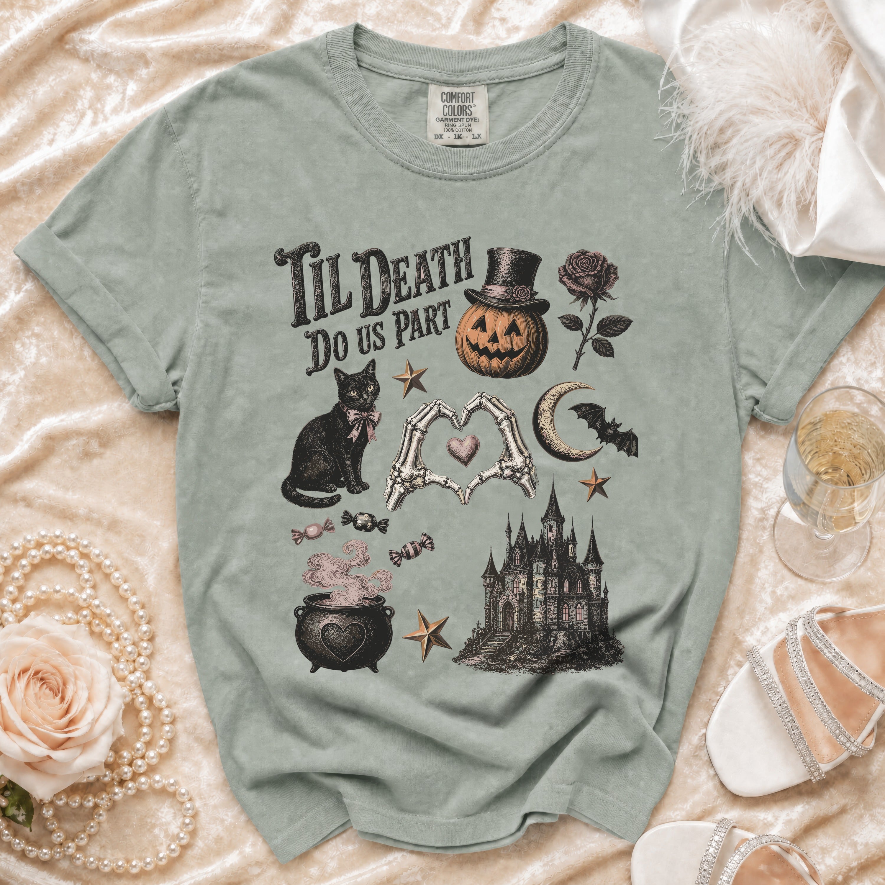 T-shirt with "Til Death Do Us Part" text and Halloween-themed graphics.