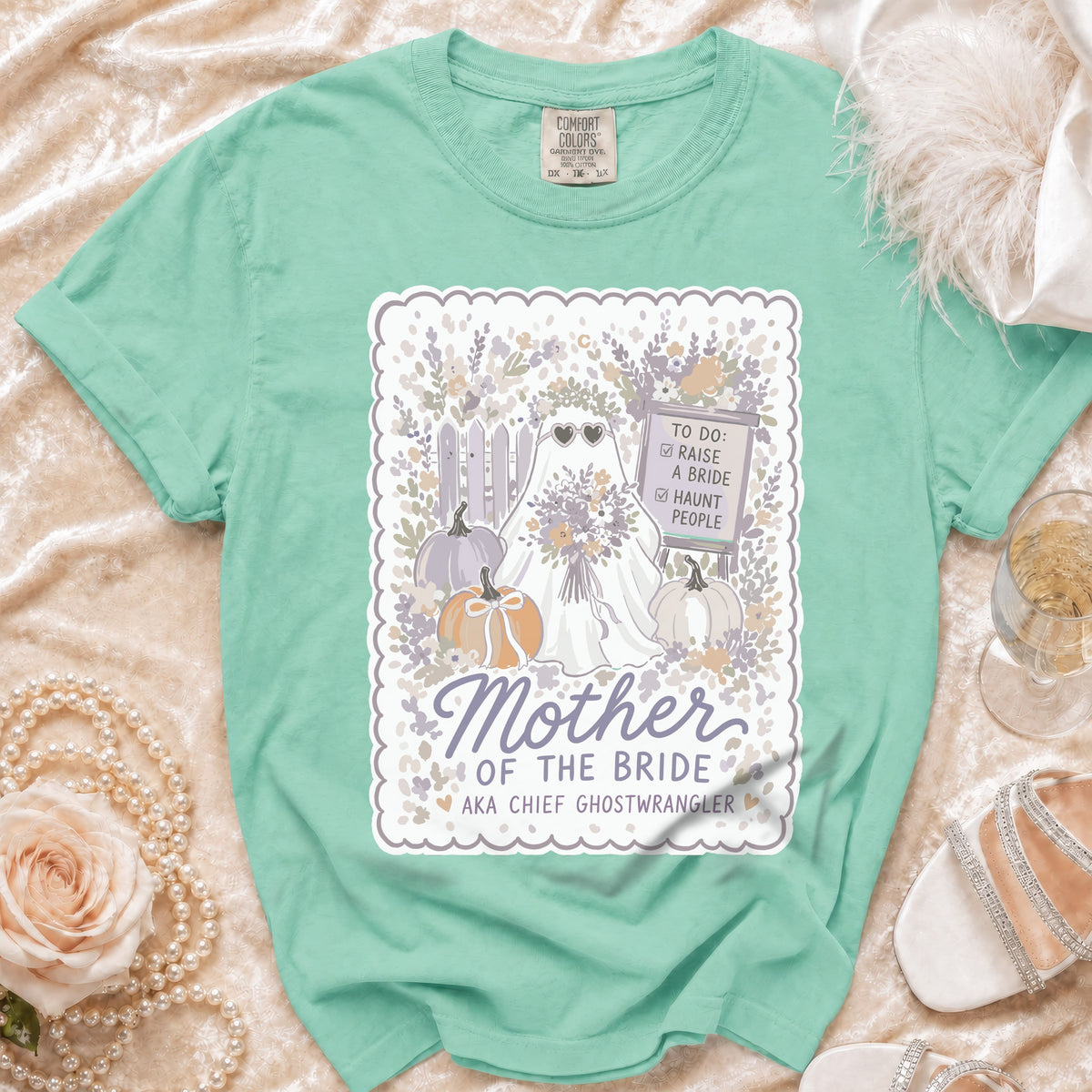 Mother of the Bride shirt with ghost bride, pumpkins, and text "Mother of the Bride Aka Chief Ghostwrangler".