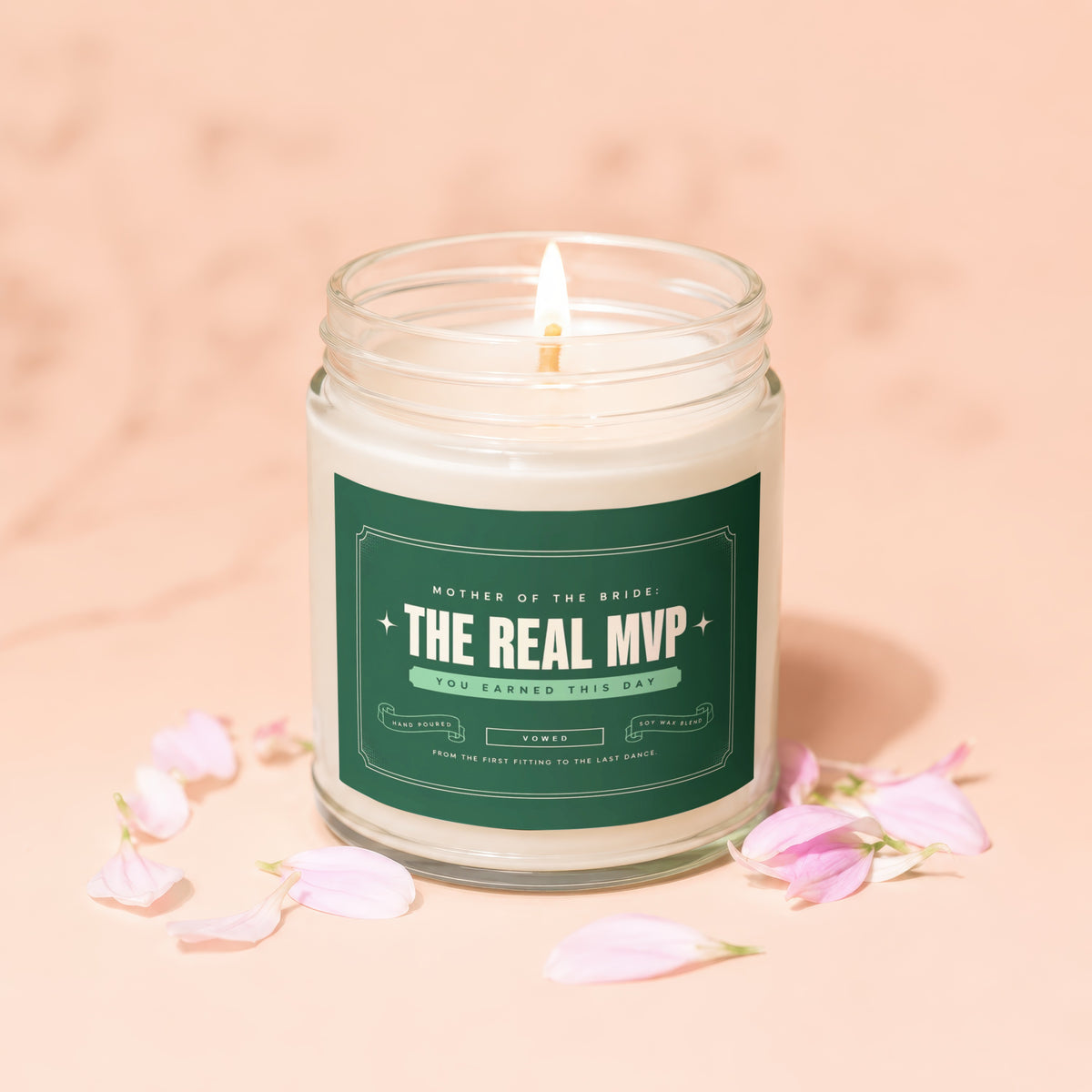 Candle with label for Mother of the Bride: "The Real MVP"