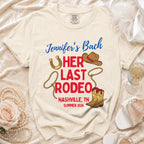 Jennifer's Bach "HER LAST RODEO" t-shirt with cowboy boots and hat graphic.