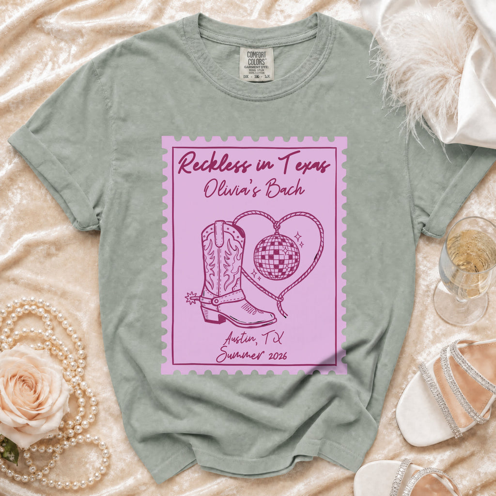 T-shirt design with cowboy boot, disco ball, and "Reckless in Texas Olivia's Bach Austin, TX Summer 2026".