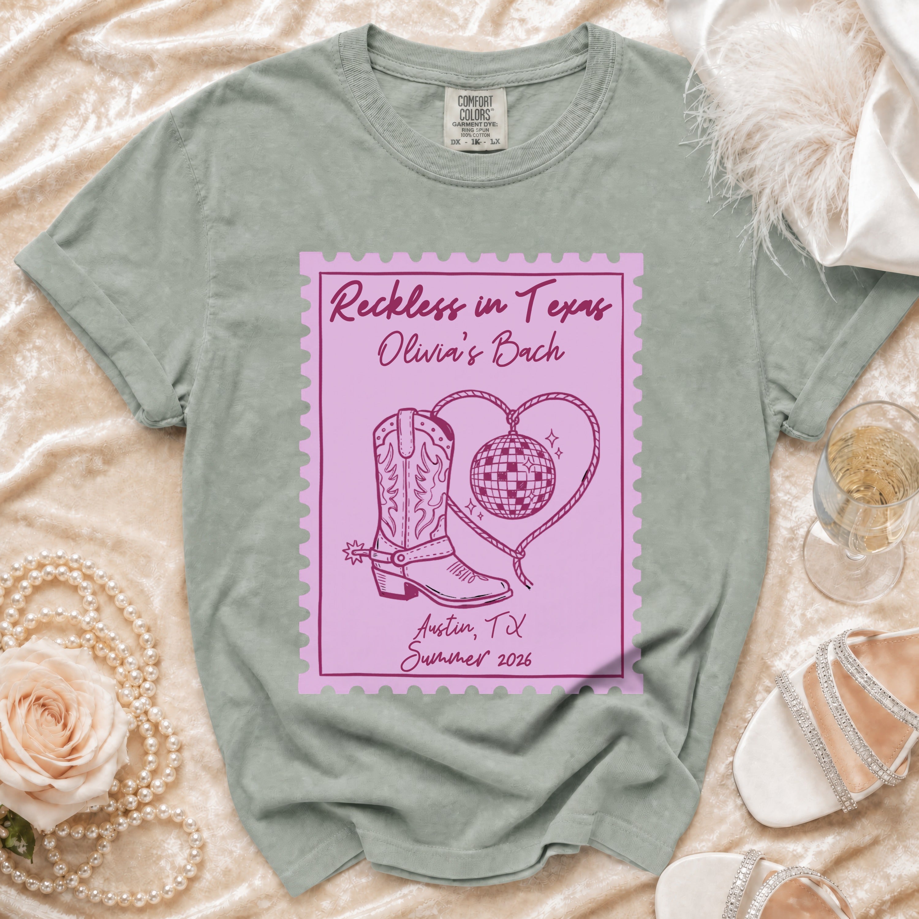 T-shirt design with cowboy boot, disco ball, and "Reckless in Texas Olivia's Bach Austin, TX Summer 2026".