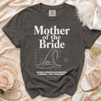 Dark gray t-shirt with "Mother of the Bride" and witch hat graphic.
