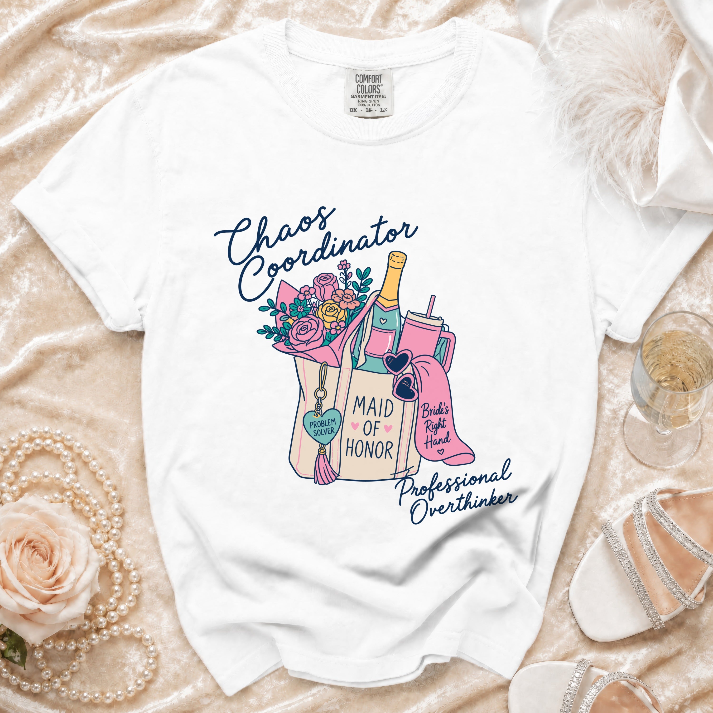 White t-shirt with "Chaos Coordinator" and "Maid of Honor" graphic.