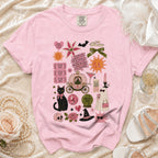 Pink t-shirt with assorted wedding and Halloween-themed graphics and text.