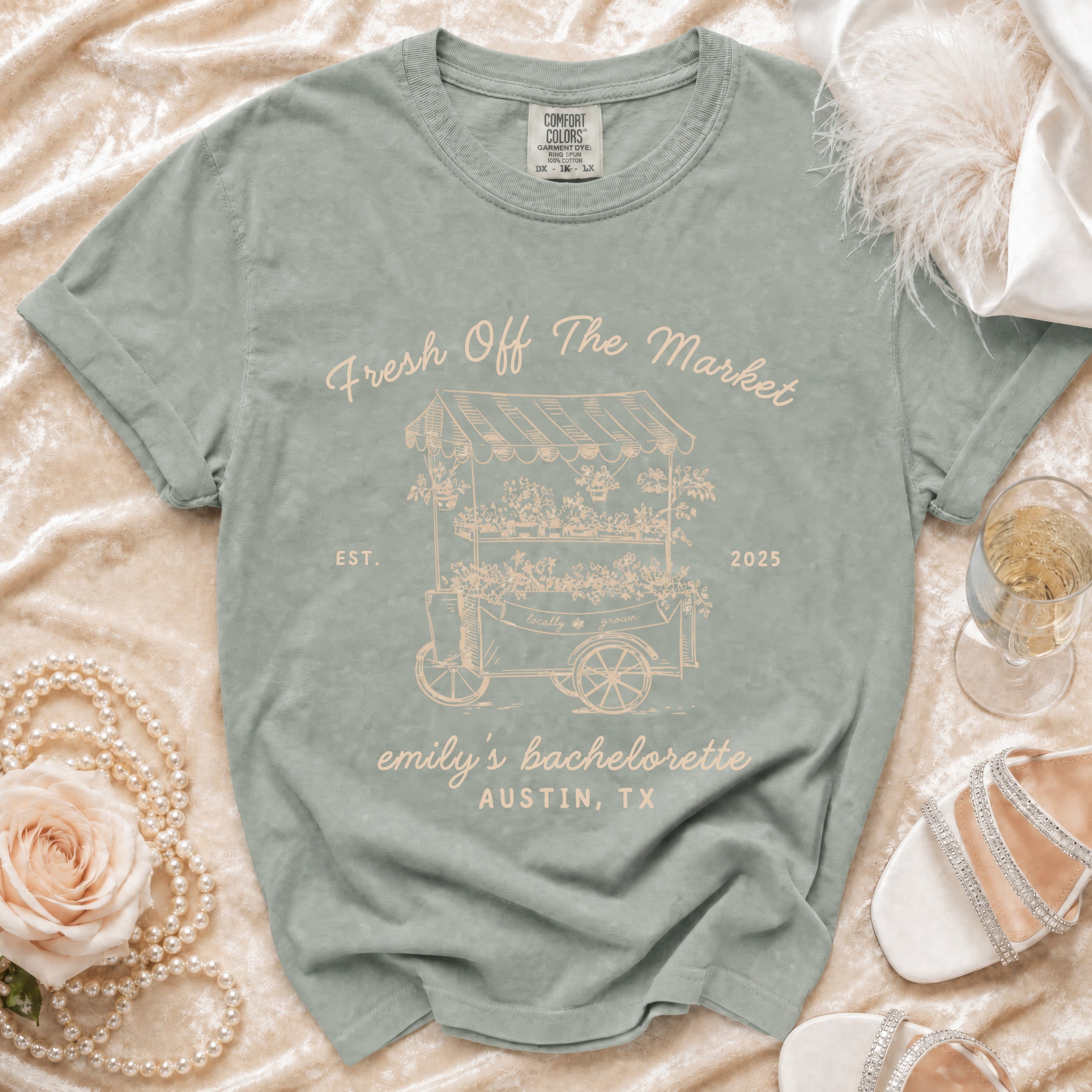 "Fresh Off The Market" graphic tee for Emily's bachelorette in Austin, TX.
