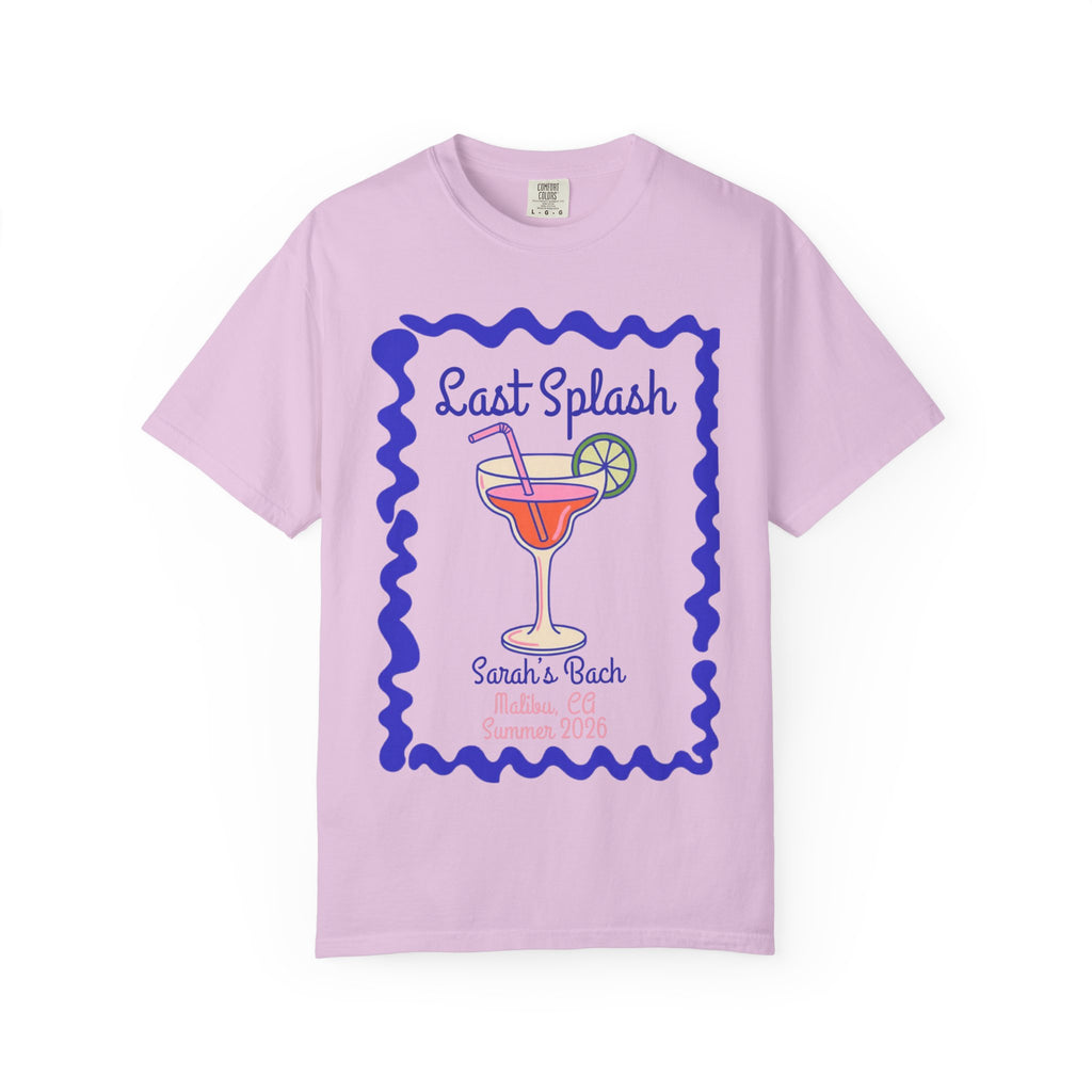 Lavender t-shirt with "Last Splash Sarah's Bach Malibu, CA Summer 2025" graphic.