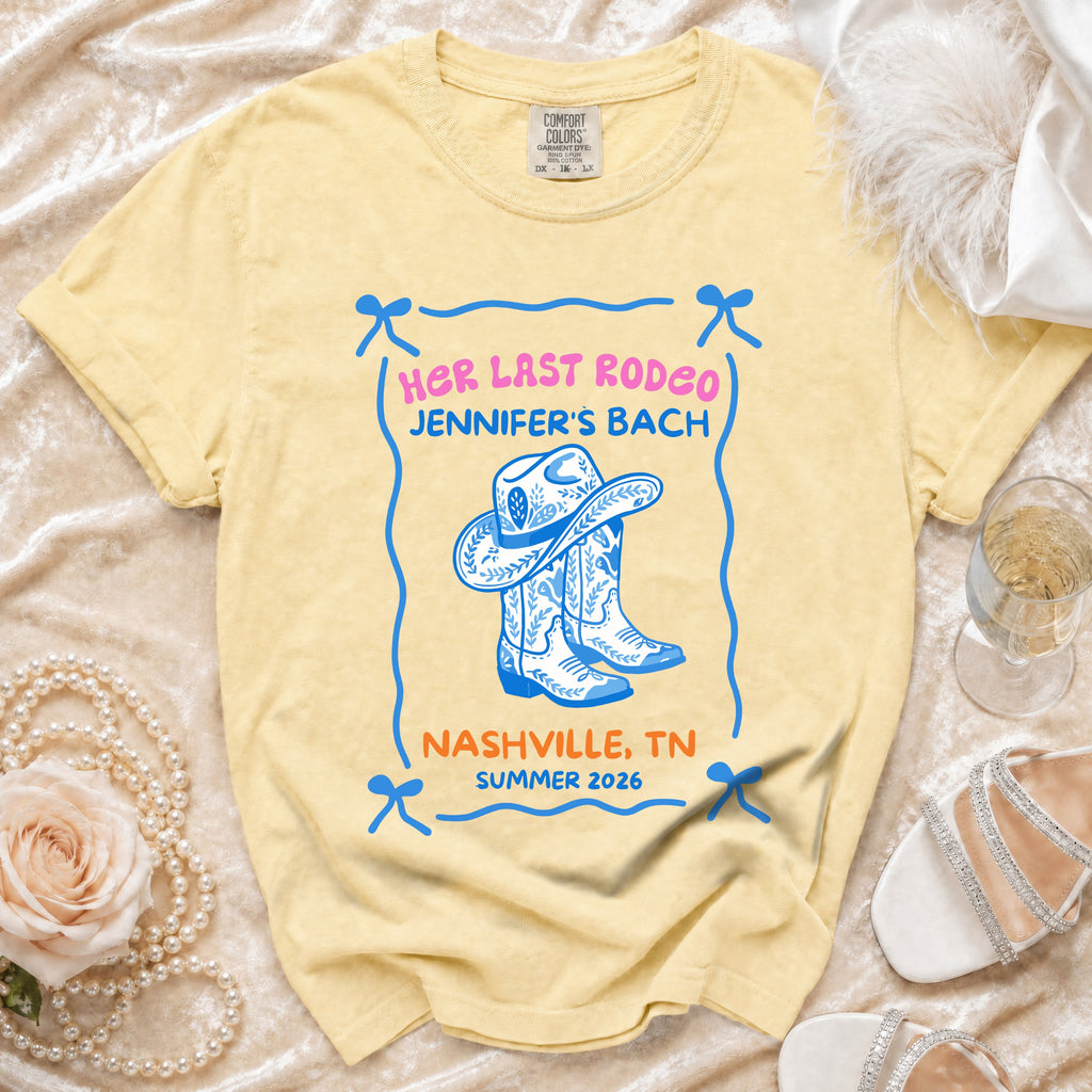 Yellow t-shirt with "Her Last Rodeo Jennifer's Bach" and cowboy boots.