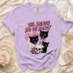 Purple t-shirt with "Til Death Do Us Party" text, black cats, skull, and roses.
