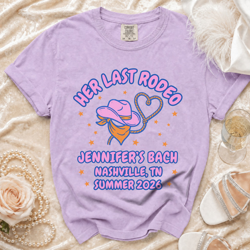 Lavender t-shirt with "Her Last Rodeo Jennifer's Bach Nashville, TN Summer 2026" text.