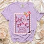 Purple Comfort Colors t-shirt with "Last Splash Sarah's Bach Malibu CA Summer 2026" graphic.