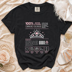 Black t-shirt with "100% Mother of the Bride" graphic and ingredients list.