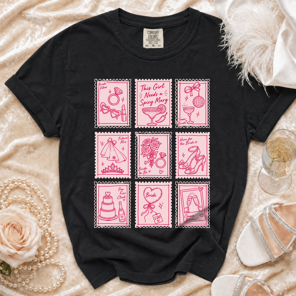 Black t-shirt with pink wedding-themed postage stamp graphics and text.