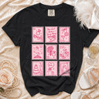 Black t-shirt with pink wedding-themed postage stamp graphics and text.