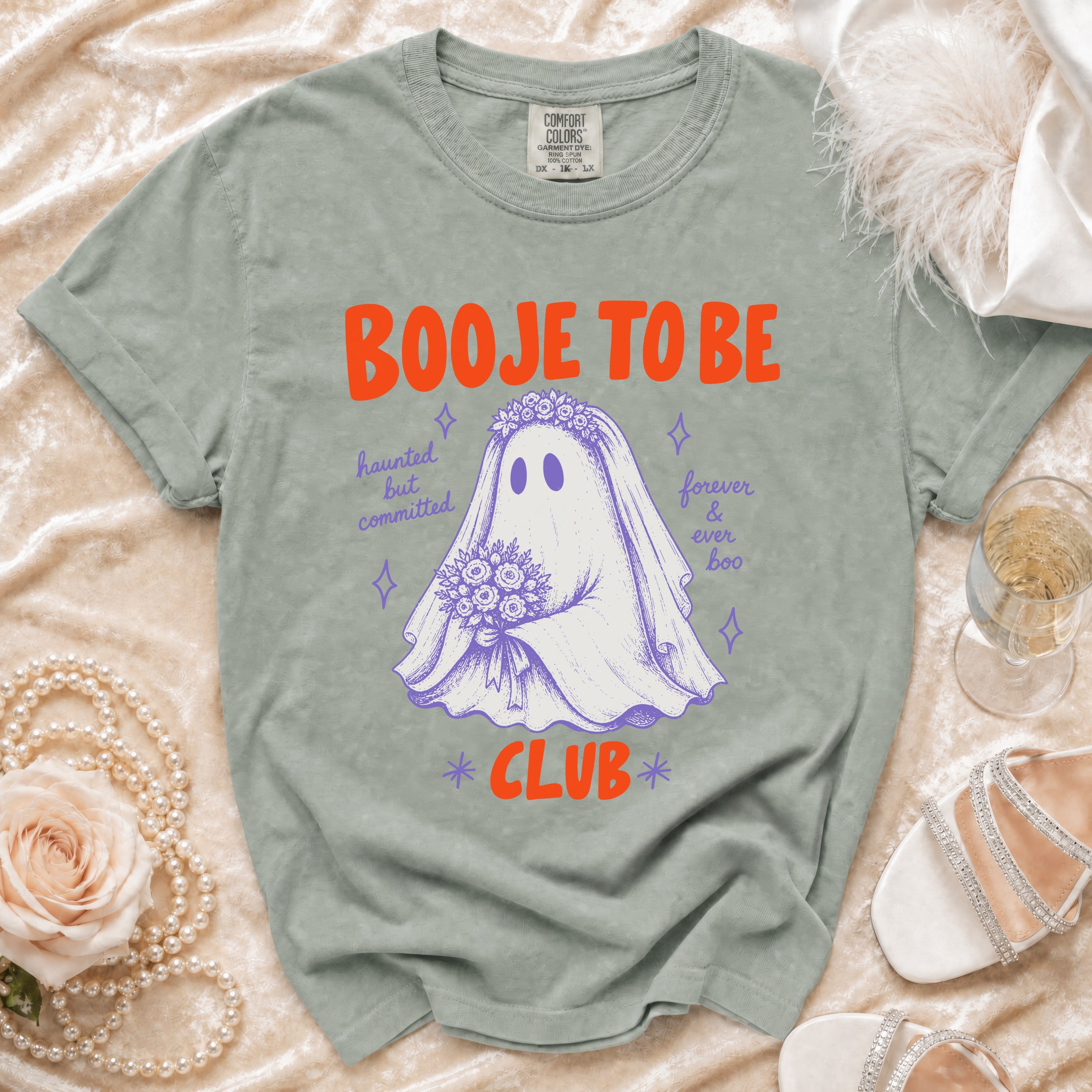 T-shirt with ghost bride graphic and text "Booje to be Club".