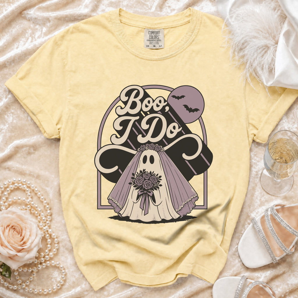 Yellow t-shirt with "Boo, I Do" graphic featuring a ghost bride holding roses.