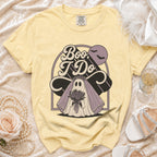 Yellow t-shirt with "Boo, I Do" graphic featuring a ghost bride holding roses.