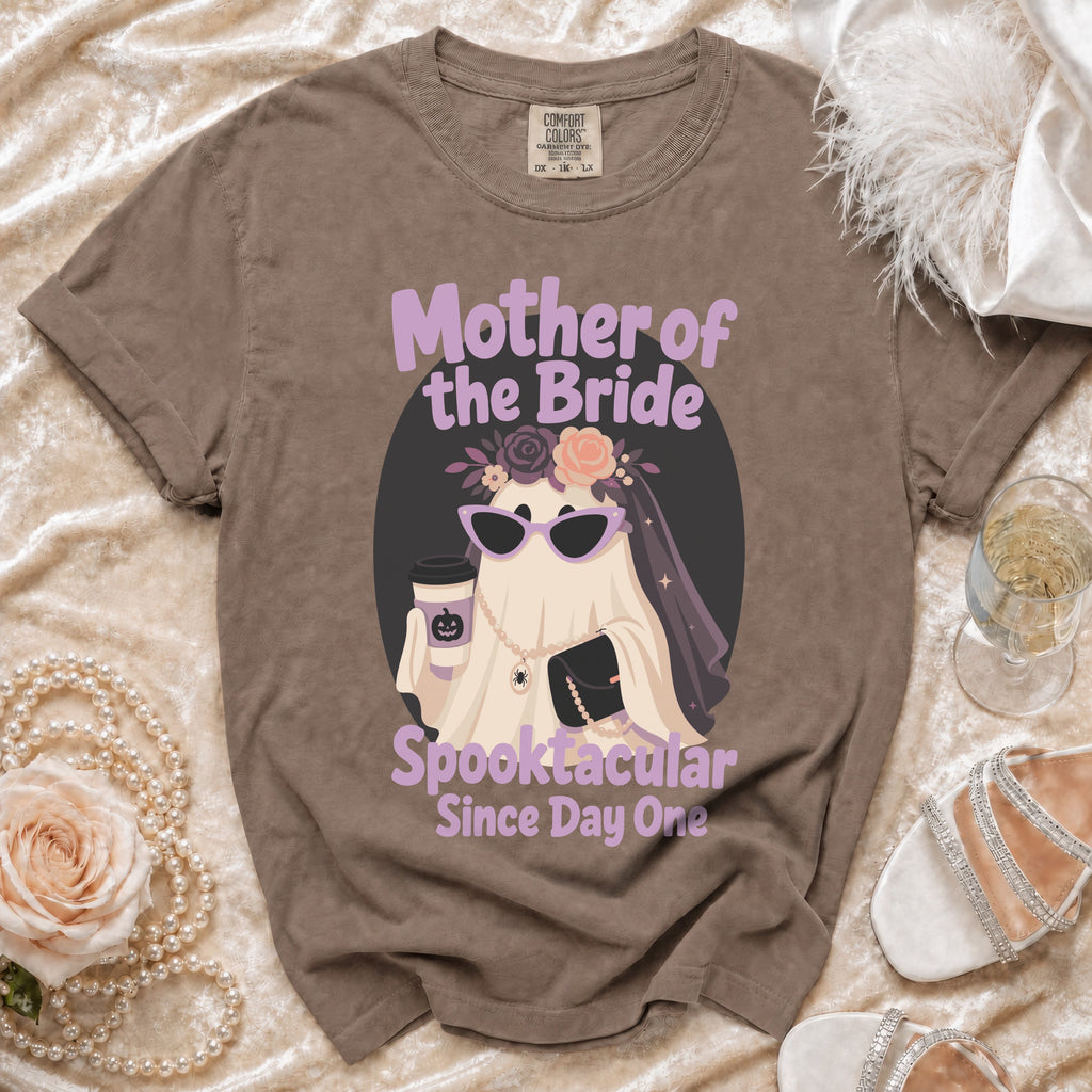 Brown t-shirt with "Mother of the Bride Spooktacular Since Day One" text and a ghost graphic.
