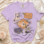 Purple t-shirt with Halloween-themed wedding stamps: "Bride of Boos" and ghost bride.
