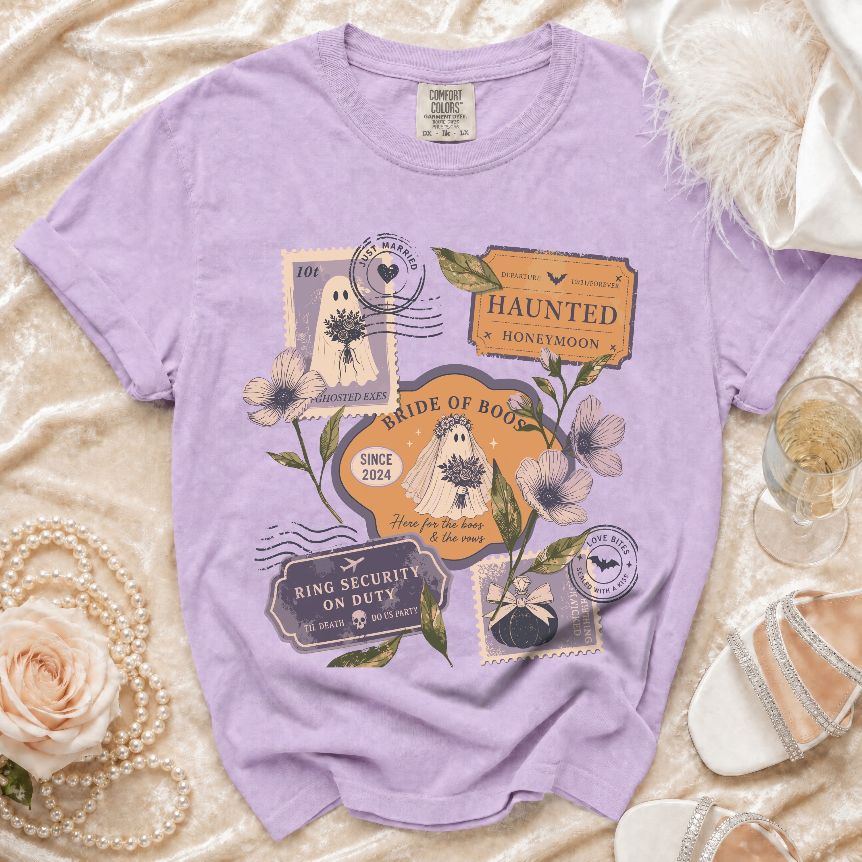 Purple t-shirt with Halloween-themed wedding stamps: "Bride of Boos" and ghost bride.