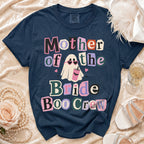 Dark blue t-shirt with "Mother of the Bride Boo Crew" text and a ghost graphic.