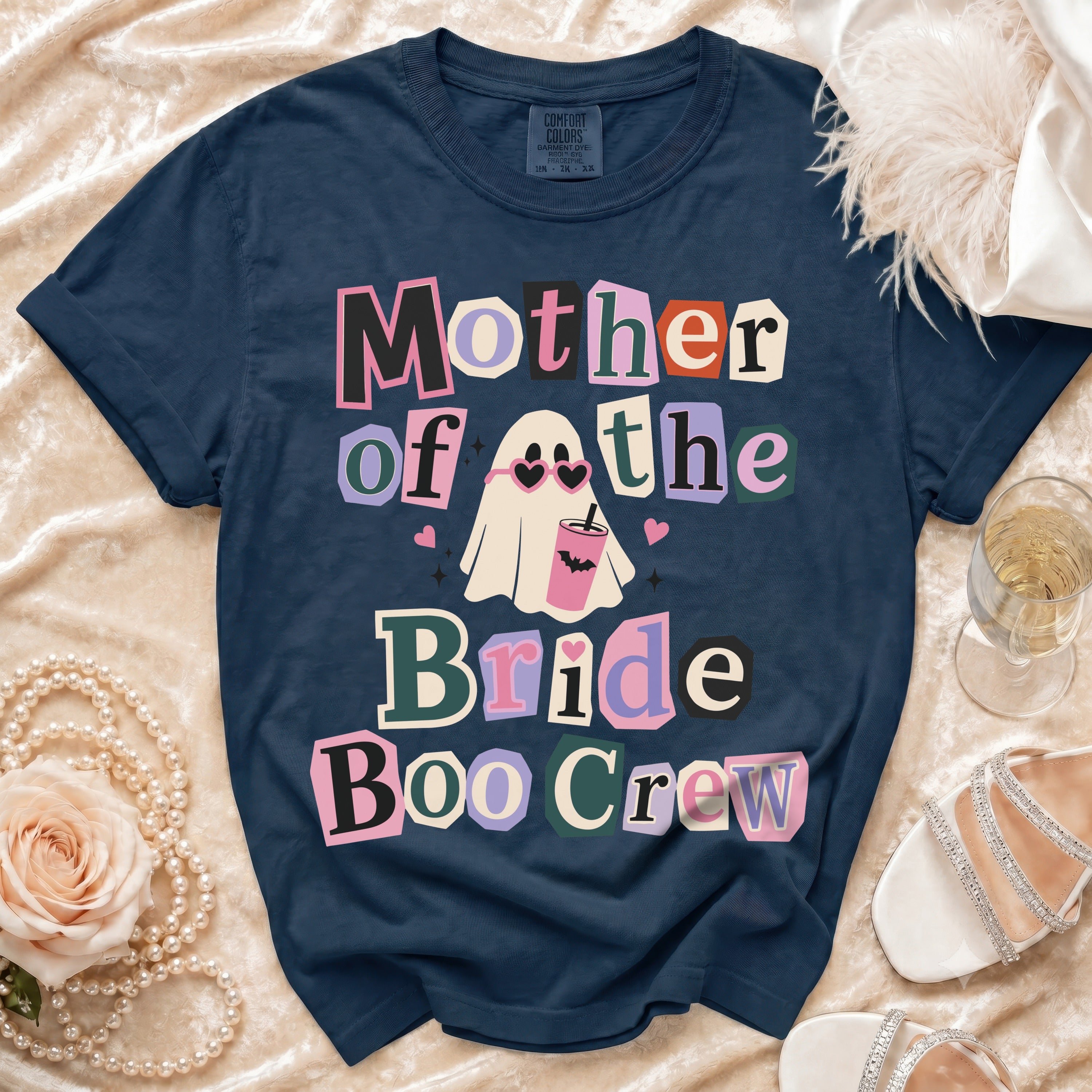 Dark blue t-shirt with "Mother of the Bride Boo Crew" text and a ghost graphic.