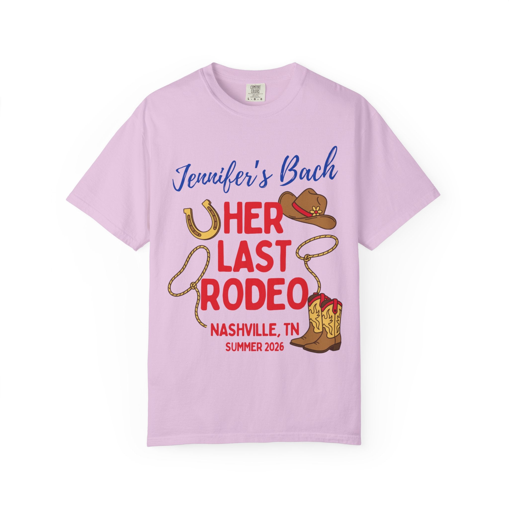 Pink t-shirt with "Jennifer's Bach HER LAST RODEO" and Western graphics.