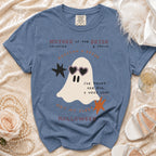 Blue t-shirt with ghost graphic saying "Mother of the Bride, Haunted & Proud"