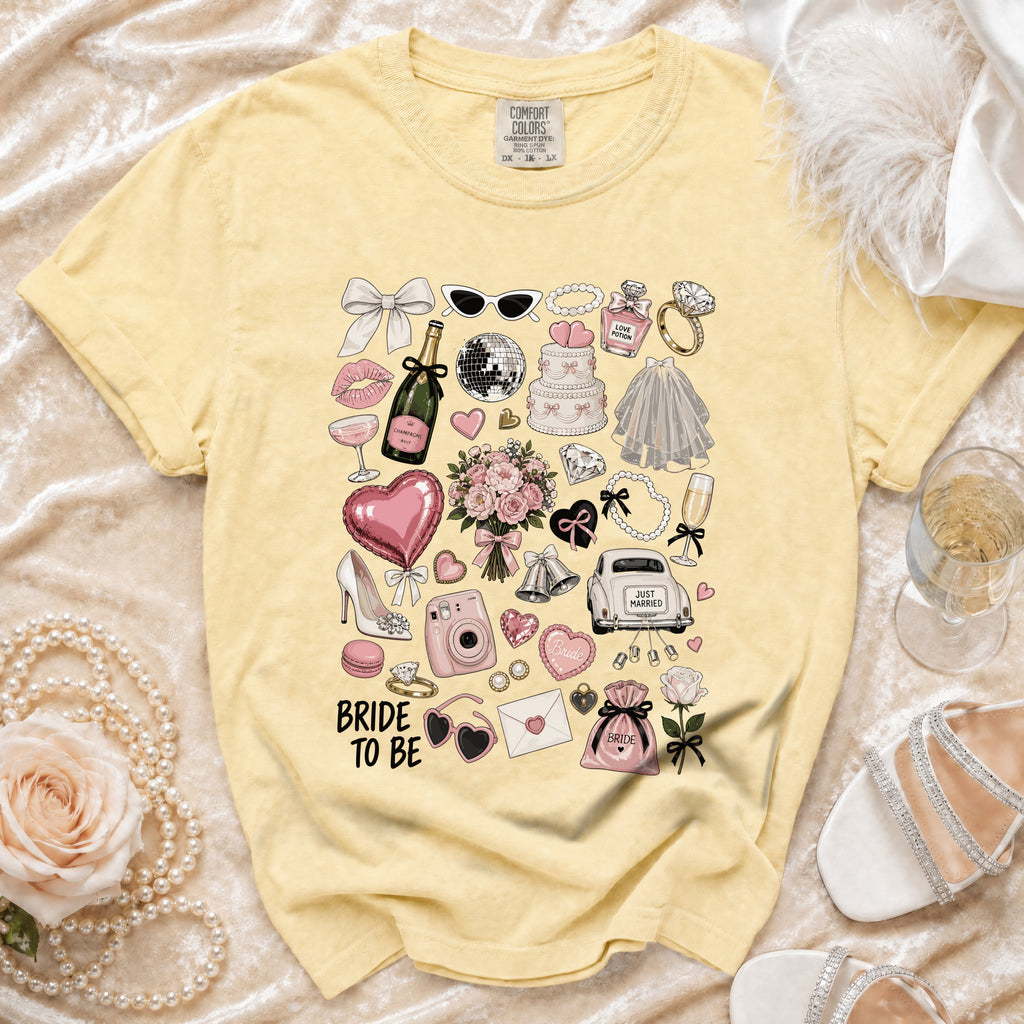 Yellow t-shirt with "Bride To Be" text and a collage of wedding-themed clipart.