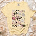 Yellow t-shirt with "Bride To Be" text and a collage of wedding-themed clipart.