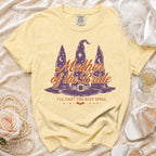Yellow t-shirt with "Mother of the Bride" and witch hats graphic.