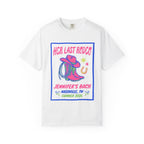 White t-shirt with "Her Last Rodeo" Nashville bachelorette design.