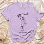 Lilac t-shirt with skeleton bride graphic: "Till Death Do Us Party Bride's Last Boo Bash".