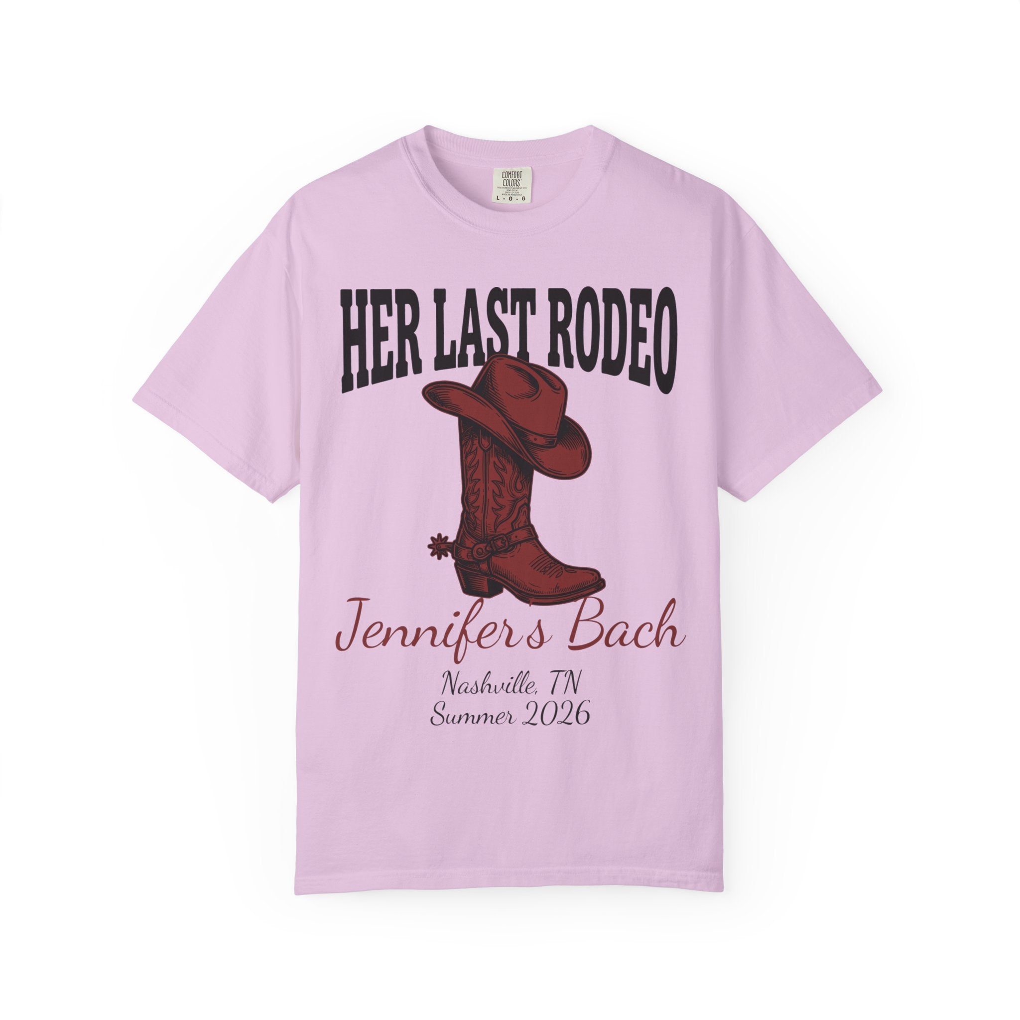 Pink t-shirt with "Her Last Rodeo" and cowboy boot graphic.