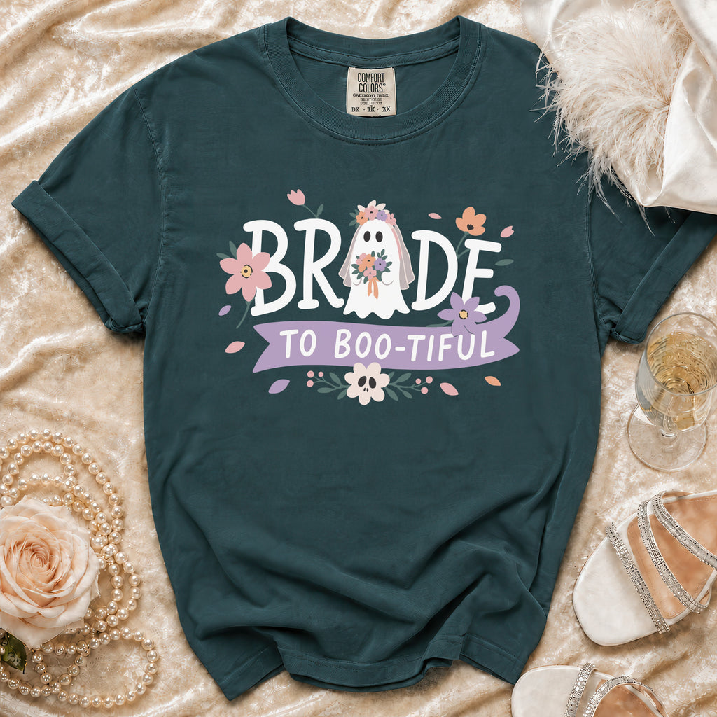 Bride ghost graphic t-shirt with text "Bride to Boo-tiful" and floral accents.