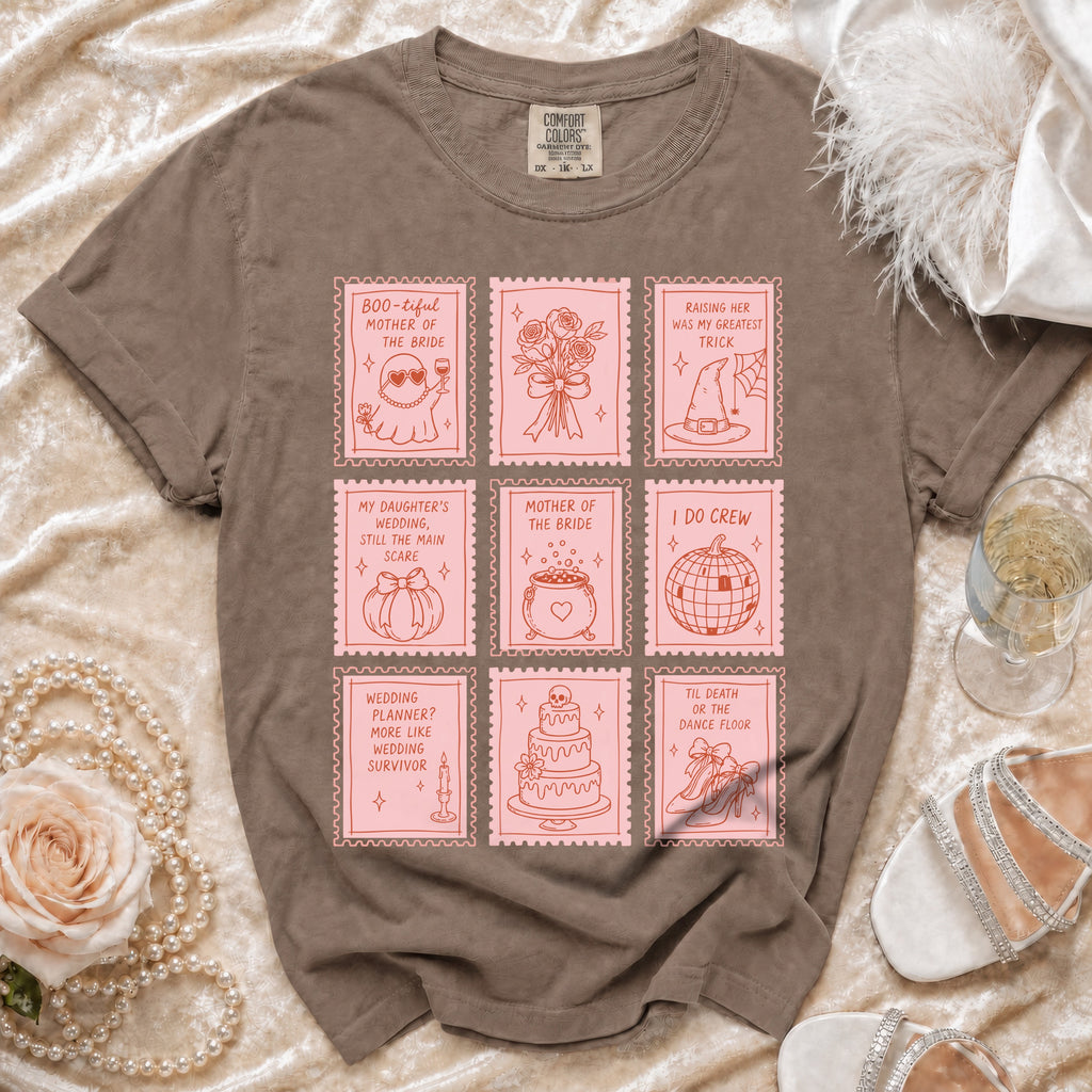 Brown t-shirt with nine stamp illustrations of wedding and Halloween themes.