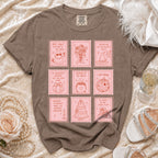 Brown t-shirt with nine stamp illustrations of wedding and Halloween themes.