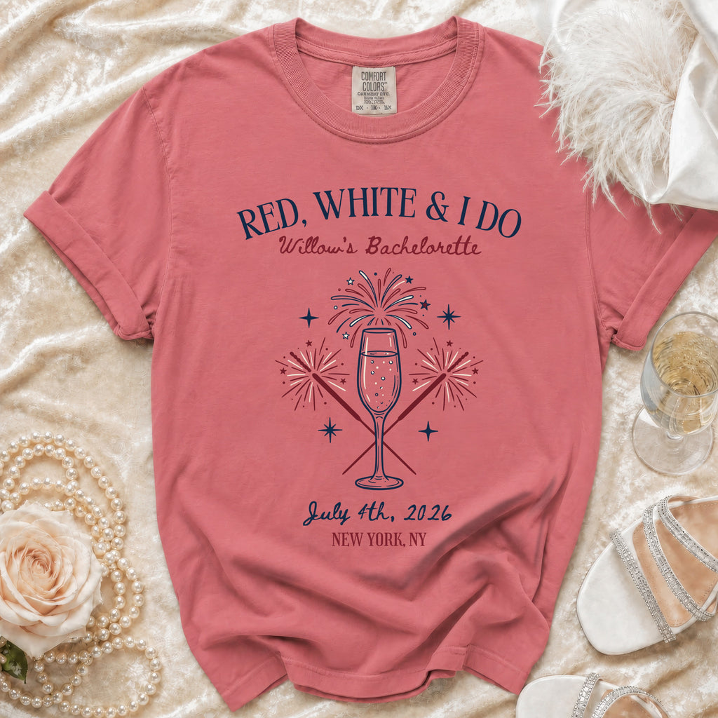 T-shirt with "Red, White & I Do Willow's Bachelorette" and fireworks graphic.