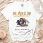 White t-shirt with "Red, White & I Do" and bachelorette details.