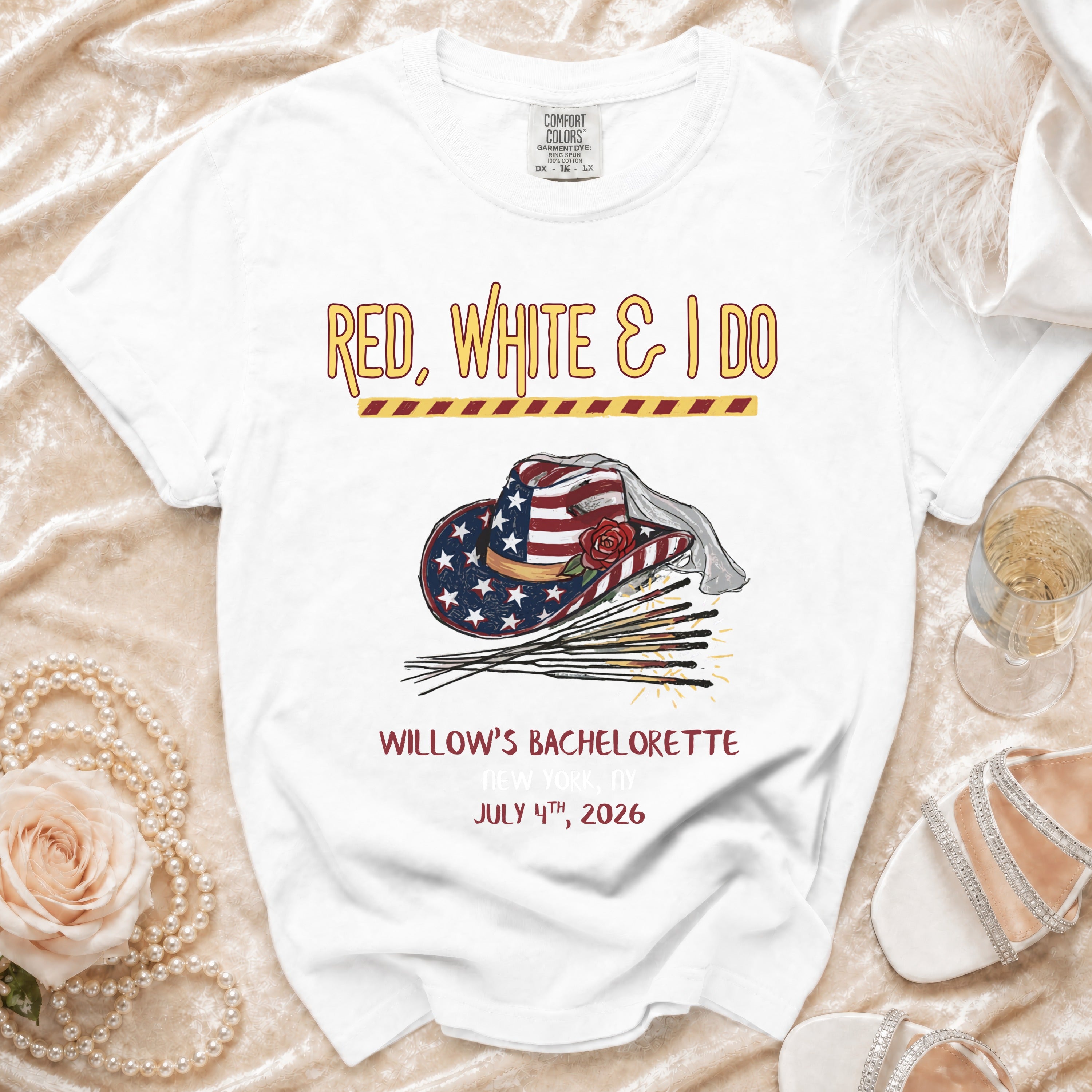 White t-shirt with "Red, White & I Do" and bachelorette details.