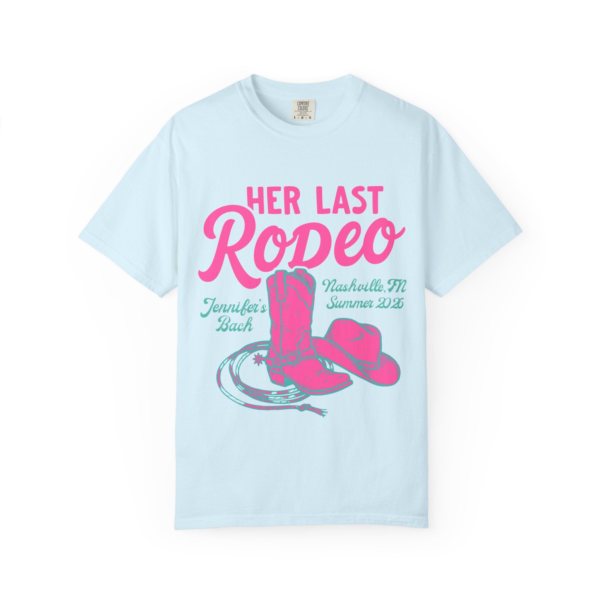 Light blue t-shirt with "Her Last Rodeo" text, cowboy boots, hat, and lasso graphic.