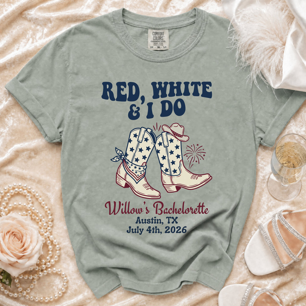 "Red, White & I Do" bachelorette t-shirt with cowboy boots, text and date.