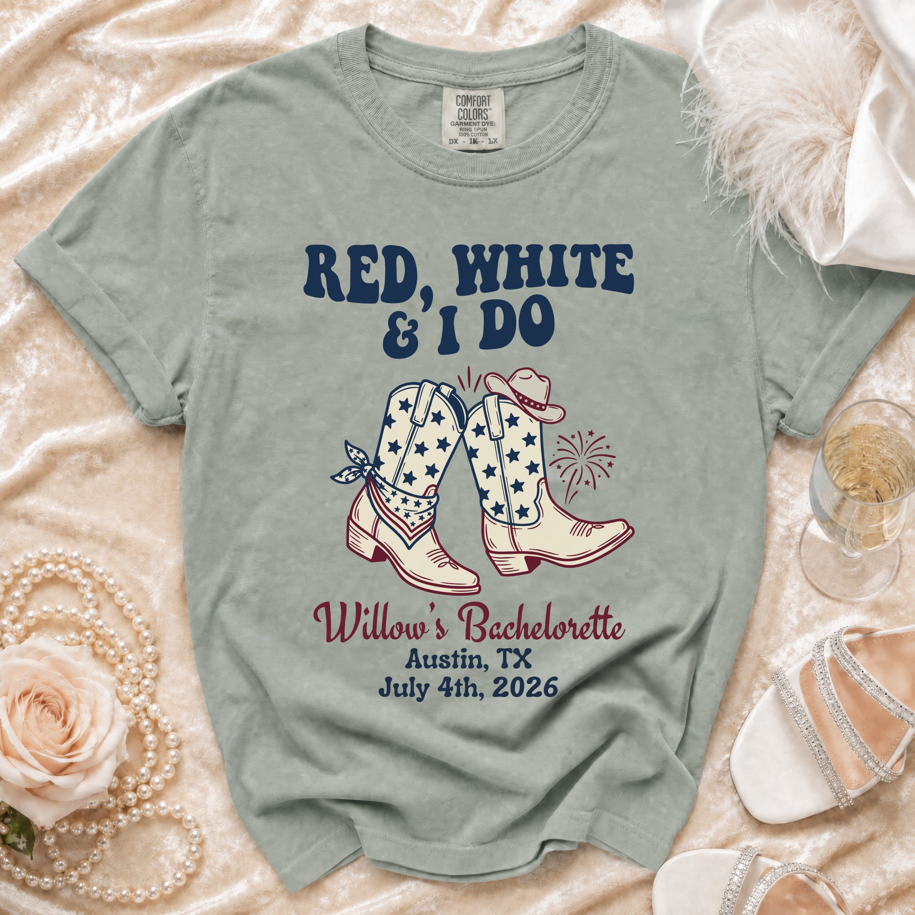 "Red, White & I Do" bachelorette t-shirt with cowboy boots, text and date.